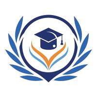 Graduation Cap Emblem With Laurel Wreath and Orange Accent on White Background vector