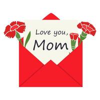 Open envelope with beautiful red carnations and lettering, Mothers Day card vector