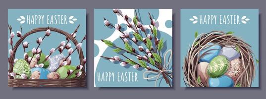 Happy Easter Square Card Set with Eggs in Nest, Basket and Willow Branches. Perfect for Banners, Posters, Social Media, and Festive Decor. Cheerful Illustrations. vector