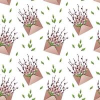Seamless Pattern with an Envelope and Willow Branches with Leaves. Easter Texture with Nature Elements. Spring Background for Fabric, Wallpaper, Wrapping Paper, etc. vector