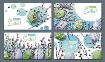 Set of Banners with Colorful Easter Eggs and Fluffy Willow Branches for Happy Easter. Spring Background for Cards, Posters, Advertising. vector