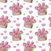 Seamless Pattern with Envelopes Filled with Pink Tulips. Delicate Floral Texture with Spring Flowers. Perfect for Fabric, Wallpaper, Wrapping Paper, and Scrapbooking. Easter and Spring-themed Design. vector