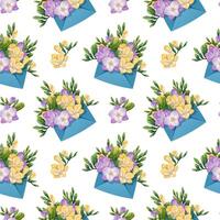 Seamless Pattern with Envelopes Filled with Freesia. Delicate Floral Texture with Spring Flowers. Perfect for Fabric, Wallpaper, Wrapping Paper, and Scrapbooking. Ideal for Spring-themed Designs. vector