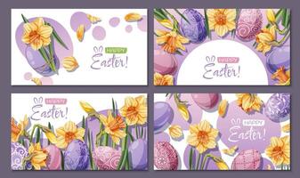 Set of Happy Easter Banners Design with Colorful Easter Eggs and yellow daffodils. Background for Cards, Posters, Advertising vector