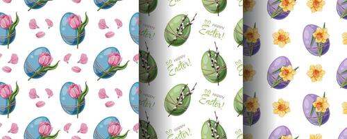 Easter Seamless Pattern Set with Colorful Eggs, Tulips, Daffodils and Willow Branches. Spring Floral Background for Textiles, Wallpaper, Wrapping Paper and Holiday Decor. Illustration vector