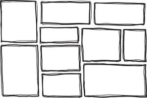 Border frame. Black scribble square collection. Simple scratch brush empty doodle. Freehand grungy rectangle. Outline sketch line vector