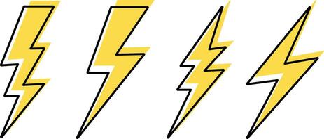 Doodle lightning set iconisolated on white. Thunder charging power for electricity and batteries. Hand drawn light vector
