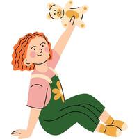 Girl playing with teddy bear. Little girl with curly red hair holding up a teddy bear while sitting on the floor, enjoying playtime. vector