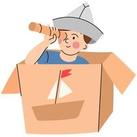 Child playing pirate in cardboard box ship. Boy wearing a paper hat and using a telescope while pretending to be a pirate in a cardboard box ship. vector