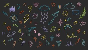 Hand drawn colored set of simple decorative elements. Grunge abstract chalk, crayon pencil style. illustration. vector