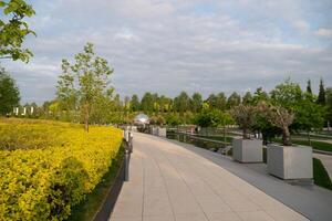 Park Path Trees - A paved pathway meanders through a park with lush greenery and trees. The path is lined with yellow bushes and stone planters. The sky is partly cloudy. photo