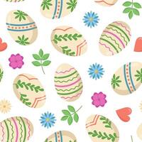 seamless pattern with Easter eggs and flowers. Easter egg hunt invitation template on white background. Wallpaper and packaging design. vector
