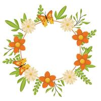 Bright Wreath with Flowers, Leaves and Butterflies. Spring Botanical Illustration for Cards and Invitations with Place for Text. vector