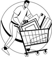A glyph illustration of an employee rolling a cart full of files vector