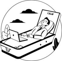 A glyph illustration of an employee working in a casket depicting overwork death vector