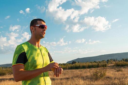 The triathlete checking his training statistics on a smartwatch, analyzing his performance and progress. With dedication, discipline, and perseverance, he strives to improve his physical abilities and photo