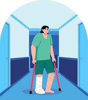 A patient walking with a foot fracture, flat style illustration vector