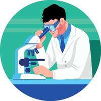 Flat illustration of a lab technician researching with a microscope vector