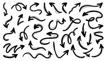 Hand drawn arrows with curvy lines. Scribble isolated wavy pointers. Set of doodle arrow icons. Collection of sketchy hand free curved lines and pointers vector