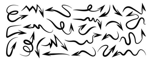 Hand drawn black arrows with curvy lines. Scribble isolated wavy pointers. Set of doodle arrow icons. Collection of sketchy hand free curved lines and pointers vector