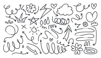 Set of Hand drawn cute arrows with curvy lines and decorative elements. Scribble isolated clouds, flowers, sun, star, crown, hearts. Set of doodle icons. Collection of sketchy hand free curved lines vector