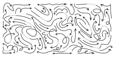 Set of Hand drawn arrows with curvy lines. Scribble isolated wavy pointers. Set of doodle arrow icons. Collection of sketchy hand free curved lines and pointers vector