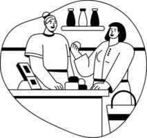 A glyph illustration of two characters standing at checkout counter vector