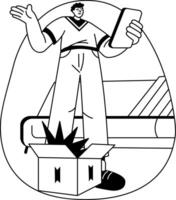A glyph illustration of a character doing parcel unboxing vector