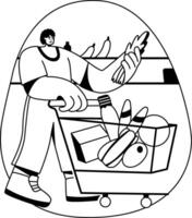A glyph illustration of a character doing grocery shopping vector