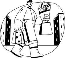 A glyph style illustration of a character doing grocery shopping vector