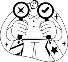A glyph illustration of a character doing comparison of products vector