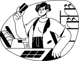 A glyph illustration of a character standing at payment counter vector
