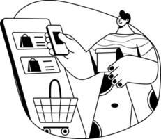 A glyph illustration of a character using shopping app vector