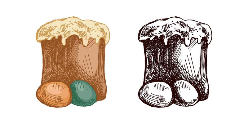 Hand drawn colored and monochrome vintage sketch of Easter cake with eggs