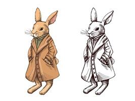 Hand drawn colored and monochrome vintage sketch of anthropomorphic rabbit in coat vector