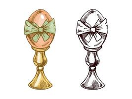 Hand drawn colored and monochrome vintage sketch of decorative Easter egg with bow vector