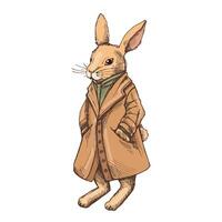 Hand drawn colored vintage sketch of anthropomorphic rabbit in coat vector