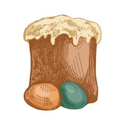 Hand drawn colored vintage sketch of Easter cake with eggs