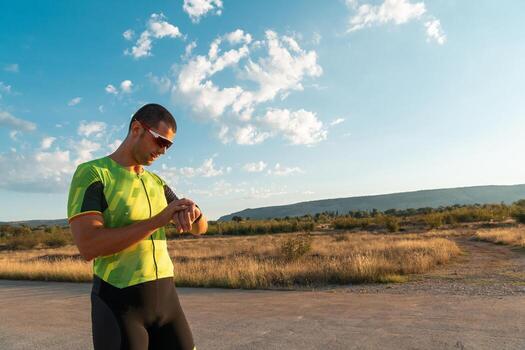The triathlete checking his training statistics on a smartwatch, analyzing his performance and progress. With dedication, discipline, and perseverance, he strives to improve his physical abilities and photo