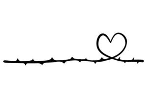 Minimal barbed wire line with heart loop representing love and conflict vector