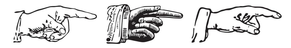 Set of engravings of pointing fingers. pointing symbols. vector