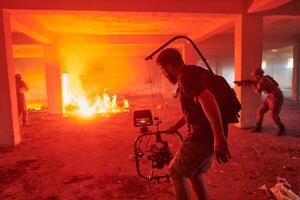 A professional cameraman captures the intense moments as a group of skilled soldiers embarks on a dangerous mission inside an abandoned building, their actions filled with suspense and bravery photo