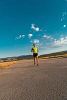 Triathlete in professional gear running early in the morning, preparing for a marathon, dedication to sport and readiness to take on the challenges of a marathon. photo