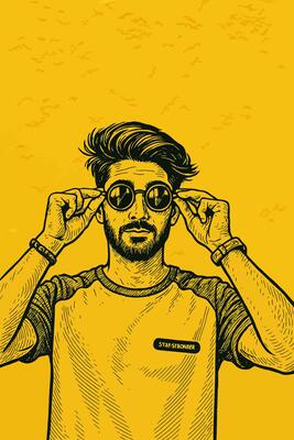 Man Adjusting Sunglasses Graphic Illustration in Yellow Toned Background