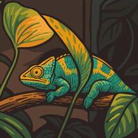Chameleon Resting on Branch in Lush Green Jungle Illustration vector