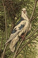 Pigeon Perched on Branch in Graphic Style Forest Illustration vector