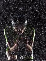 A triathlete braving the rain as he cycles through the night, preparing himself for the upcoming marathon. The blurred raindrops in the foreground and the dark, moody atmosphere in the background add photo