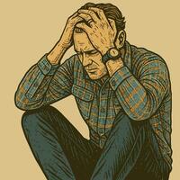 Man Sitting Head in Hands Expressing Stress and Overwhelmed Feelings vector