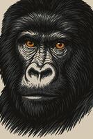 Illustrative Gorilla Face Portrait with Intricate Fur Details and Intense Gaze vector