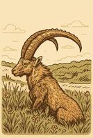 Illustrative Goat Sitting in Field with Flowers and Cloudy Sky vector
